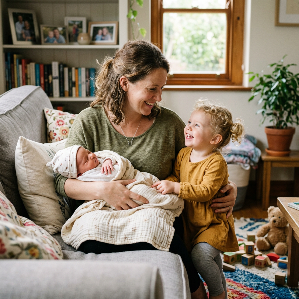 Mother holding newborn baby wrapped in blanket with smiling toddler beside her on couch